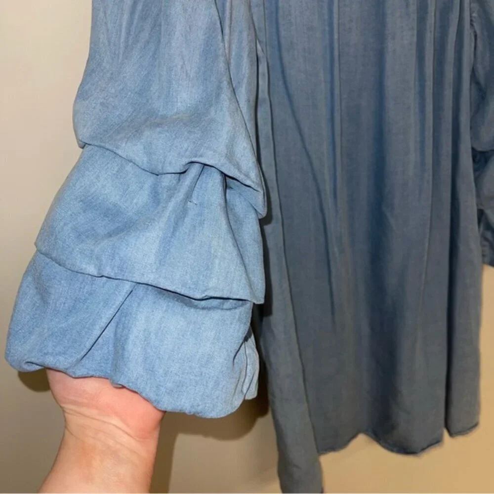 Zara Dress Size Medium Blue Denim Tiered Puff Sleeves Mini Off-The-Shoulder Jean